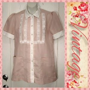 VTG 70s/80s Pink  Blouse w/Puff Sleeve/Lace Small